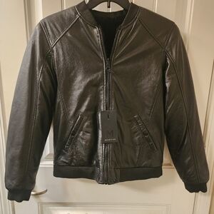Mauritius New Black Leather Bomber Jacket - Size 7/8